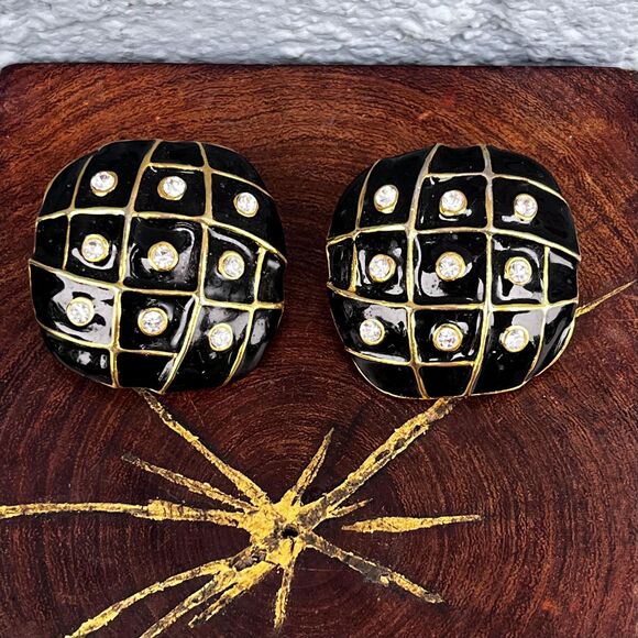 90s Large Black Enamel and Gold Clip On Earring Womens Vintage Statement Jewelry - Picture 5 of 10